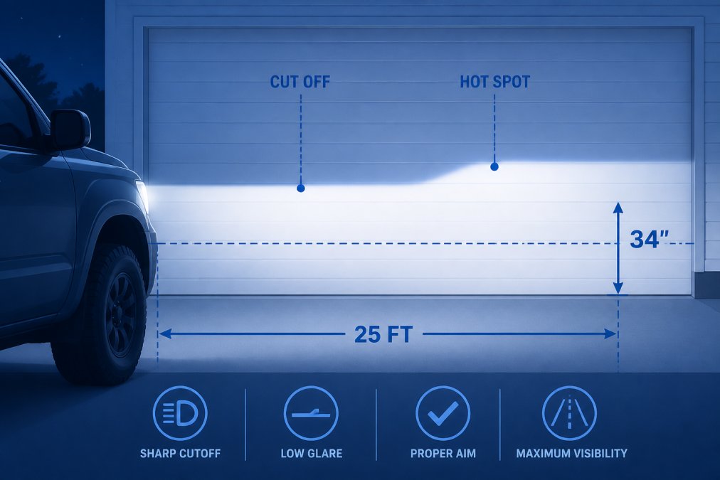 A vehicle parked at night in front of a white wall or garage door, with LED headlights on and the beam pattern clearly visible on the wall surface, showing the sharp cutoff line and illuminated area