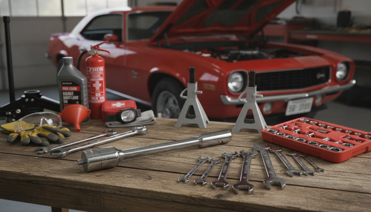 Close-up of a well-organized socket set, wrench set, and trim removal tools laid out on a workbench with a car in the background