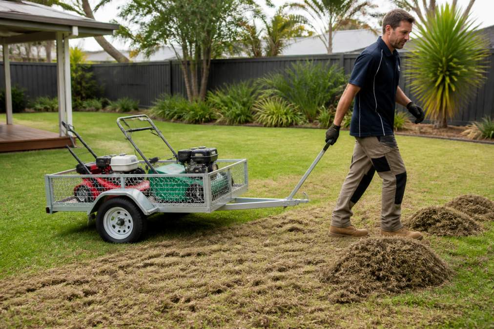Homeowner towing a dethatcher and aerator for backyard landscaping work on a compacted lawn.
