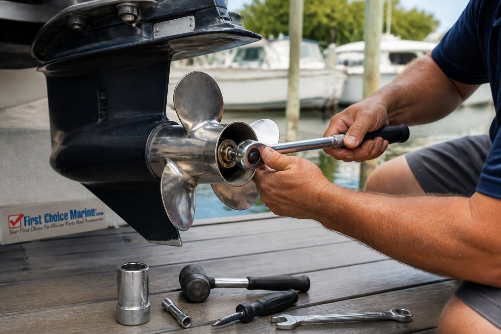 Close-up of hands using a torque wrench to loosen a propeller nut on a boat outboard lower unit, with tools laid out on a dock