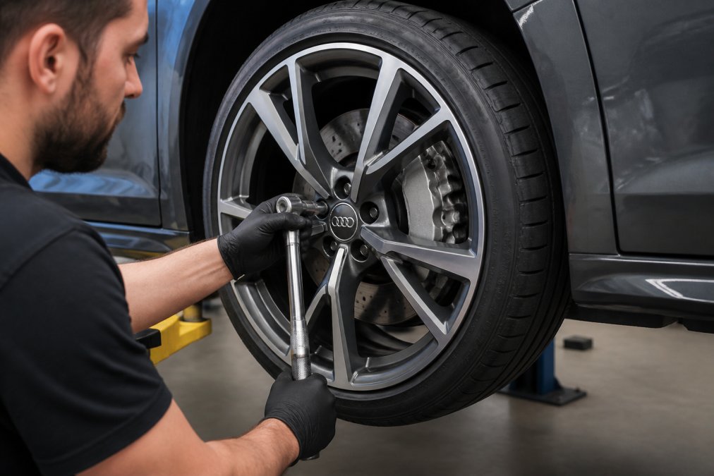 Mechanic using a torque wrench to remove lug bolts from a 2026 Audi wheel, with the brake caliper and rotor clearly visible in the background, working under bright shop lighting