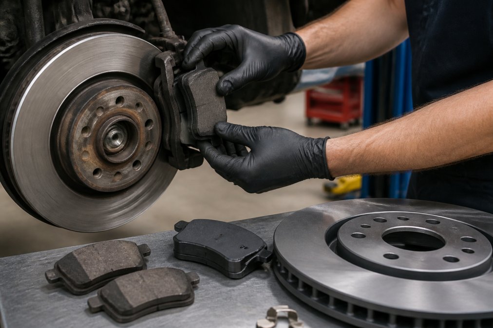 Close-up of hands installing new brake pads into a brake caliper, with old worn pads and a clean rotor visible on a workbench with professional lighting