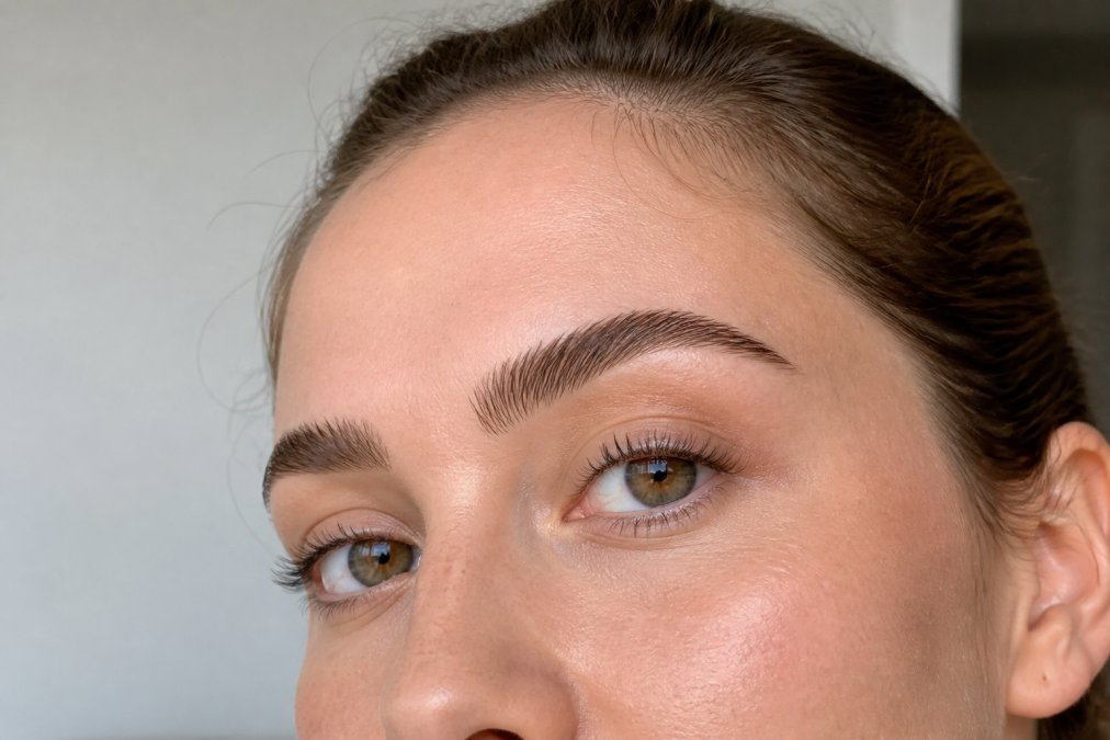 Close-up of a person's face showing freshly laminated, fluffy, lifted brows with soft natural texture and perfectly groomed appearance