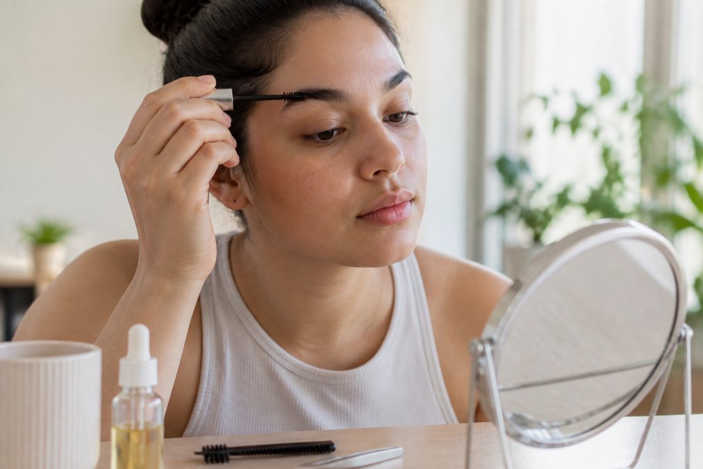 Person carefully applying brow serum with a small brush to freshly laminated brows in natural morning light, with brow grooming tools visible nearby