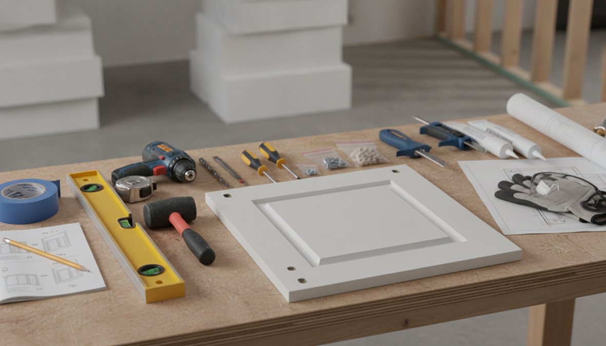 Close-up of a person's hands using a cordless drill to drive fasteners into cabinet frame at wall stud location, with a level and tape measure visible on the workbench beside the cabinet