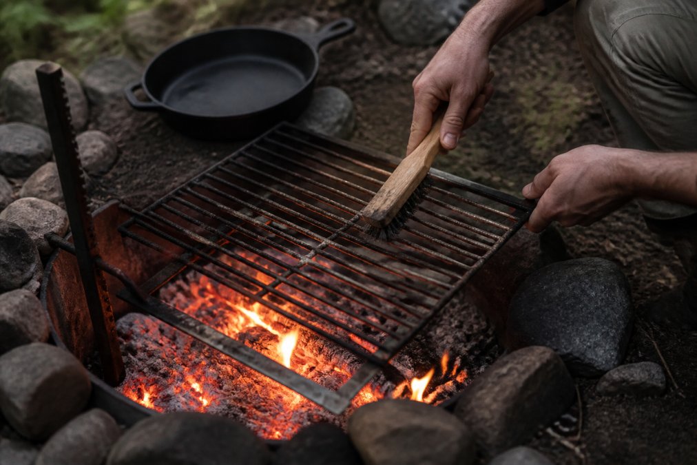Hands using a wire brush for diy campfire grill grate cleaning hacks on glowing embers by a cast iron pan.
