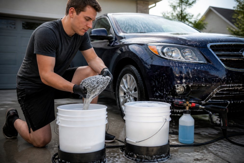 Person using a microfiber wash mitt with a two-bucket setup on a residential driveway, foam cannon in background with a clean vehicle, natural daylight