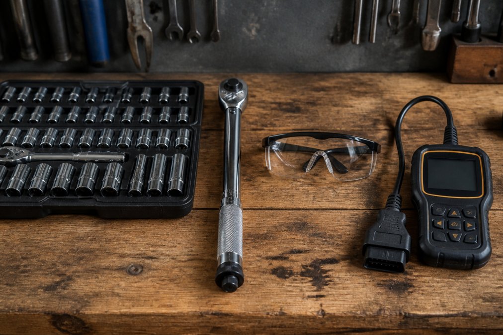 Close-up of a neatly organised set of car maintenance tools laid out on a timber garage workbench: socket set, torque wrench, safety goggles, and an OBD-II scanner arranged in a row under warm workshop lighting