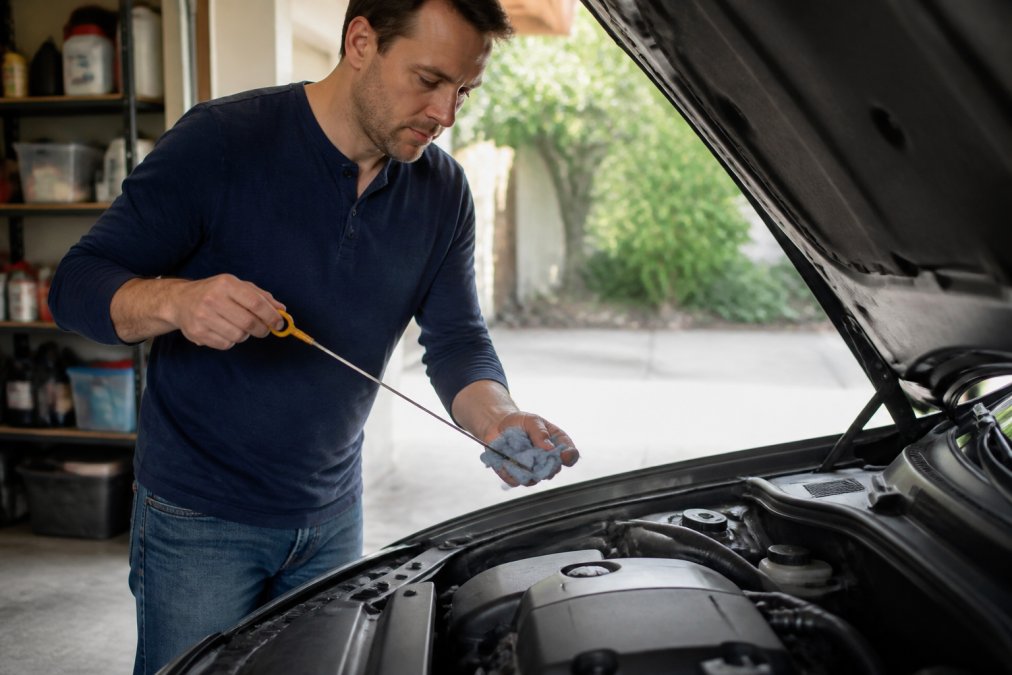 Person in casual clothing checking engine oil level with a dipstick under an open car bonnet in a sunlit home garage, clean concrete floor visible below