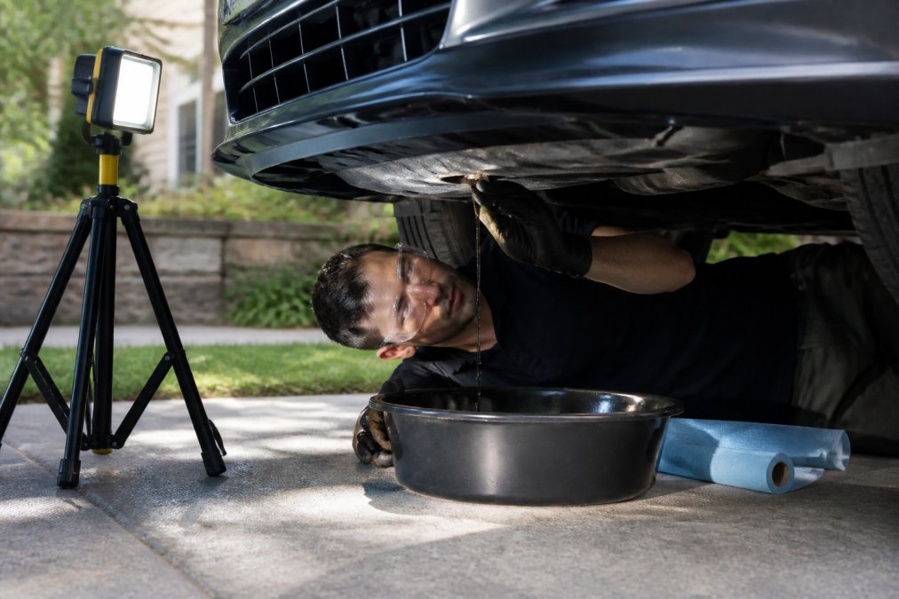 Person wearing safety glasses and work gloves performing an oil change outdoors in a driveway, with a portable LED work light mounted on a tripod illuminating the undercarriage, a drip pan positioned below the drain plug, and absorbent material nearby