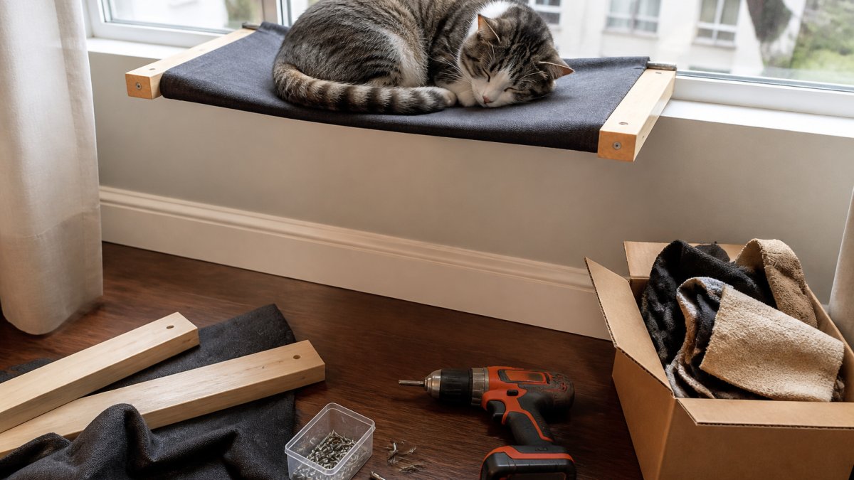 A cat curled up on a fabric-covered wooden window perch mounted in a bright apartment window, with a cardboard box of fabric scraps and a hand drill resting on the floor below