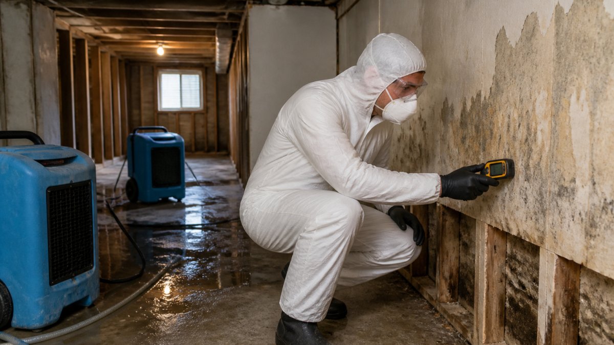 Professional technician in protective gear using moisture meter to assess water damage on wet drywall in basement with visible structural damage and dehumidifiers running in background
