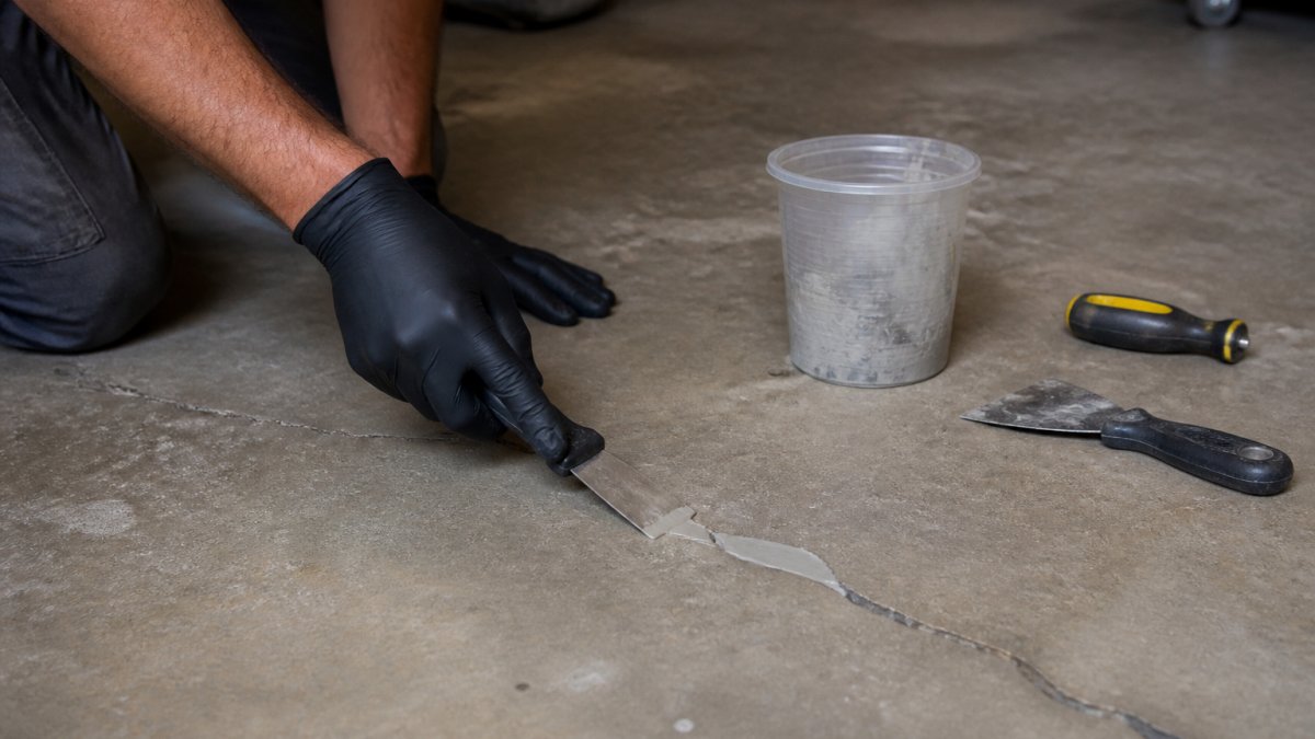 Person in nitrile gloves using a margin trowel for concrete crack repair with epoxy putty on a garage floor