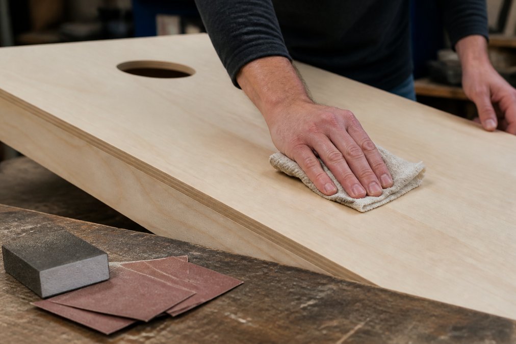 Close-up of hands using a tack cloth to wipe down a smooth wooden cornhole board surface, with sandpaper and a sanding block visible in the foreground on a workbench