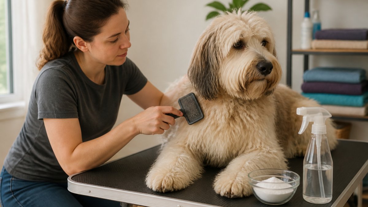 A pet owner kneeling beside a calm dog on a grooming table, using a slicker brush on the dog's shoulder with a small bowl of cornstarch and a detangling spray nearby, soft indoor lighting