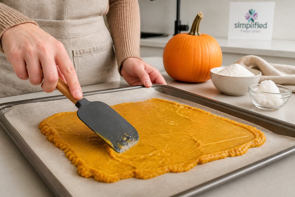 Hands spreading golden pumpkin puree mixture onto parchment paper with a spatula, fresh pumpkin visible on the kitchen counter beside tapioca starch and coconut oil