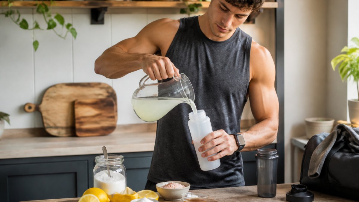 Athlete pouring freshly mixed homemade electrolyte drink into a sports bottle before a workout, with ingredients visible on the counter nearby