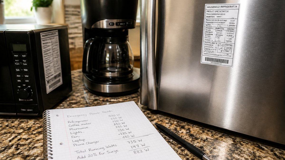 Handwritten wattage calculations on a notepad next to appliance labels for planning a diy emergency power backup for home