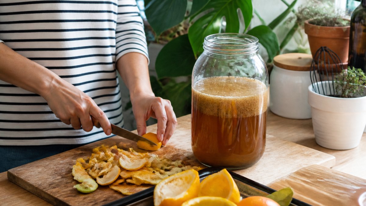 Hands chopping citrus peels and fruit scraps on a wooden cutting board next to a large glass jar filled with brown sugar water, bright kitchen counter setting