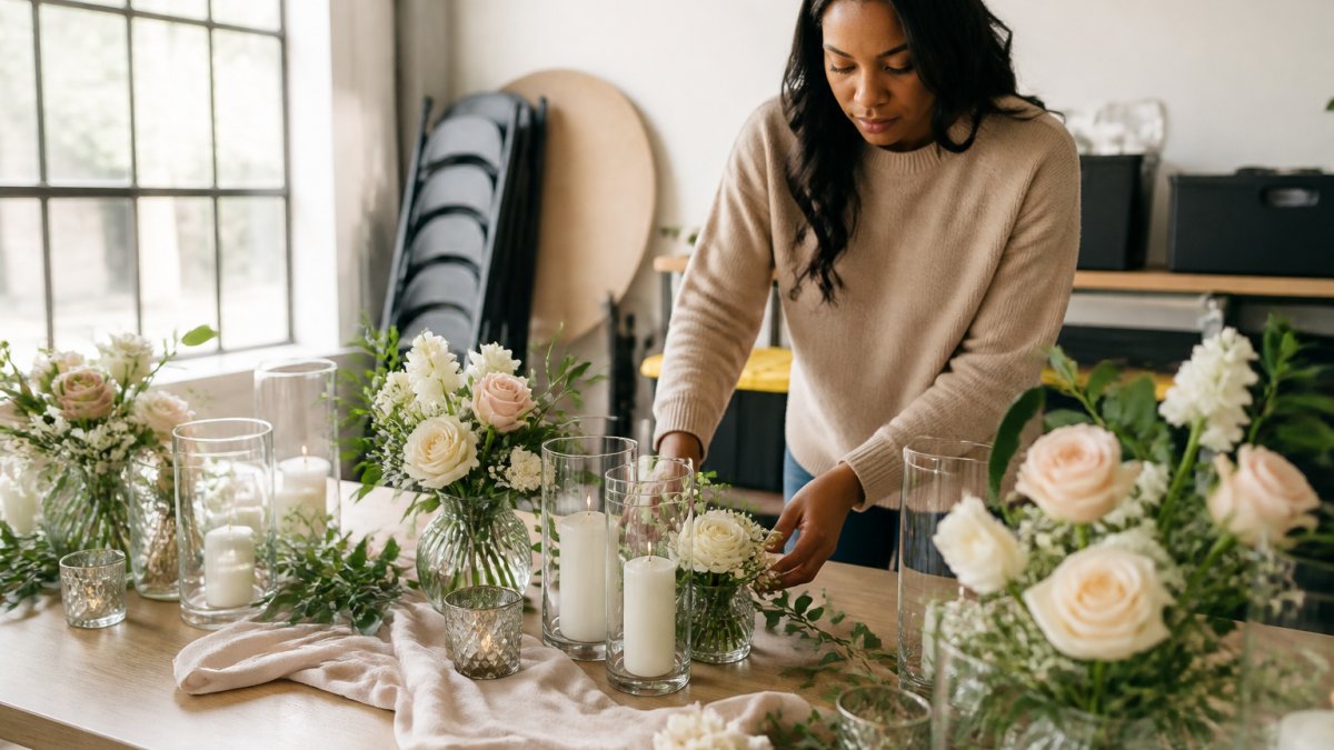 Person arranging DIY table centerpieces with flowers, candles, and linens spread across a workspace with natural lighting