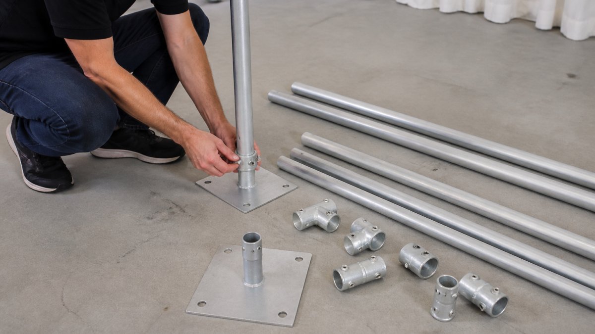 Hands assembling metal pipe connectors and uprights on concrete floor, with base plates and horizontal pipes arranged in preparation for backdrop frame assembly