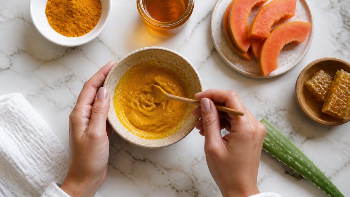 Overhead shot of a woman's hands mixing a bright yellow turmeric face mask in a small ceramic bowl on a marble countertop, with fresh papaya slices, honey jar, and aloe vera leaf arranged nearby