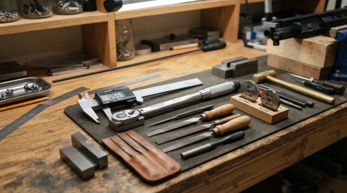 Close-up of precision gunsmithing tools arranged on a clean workbench, including digital calipers, go-gauge and no-go gauge set, torque wrench, hand files, and measuring instruments with proper overhead lighting showing fine detail