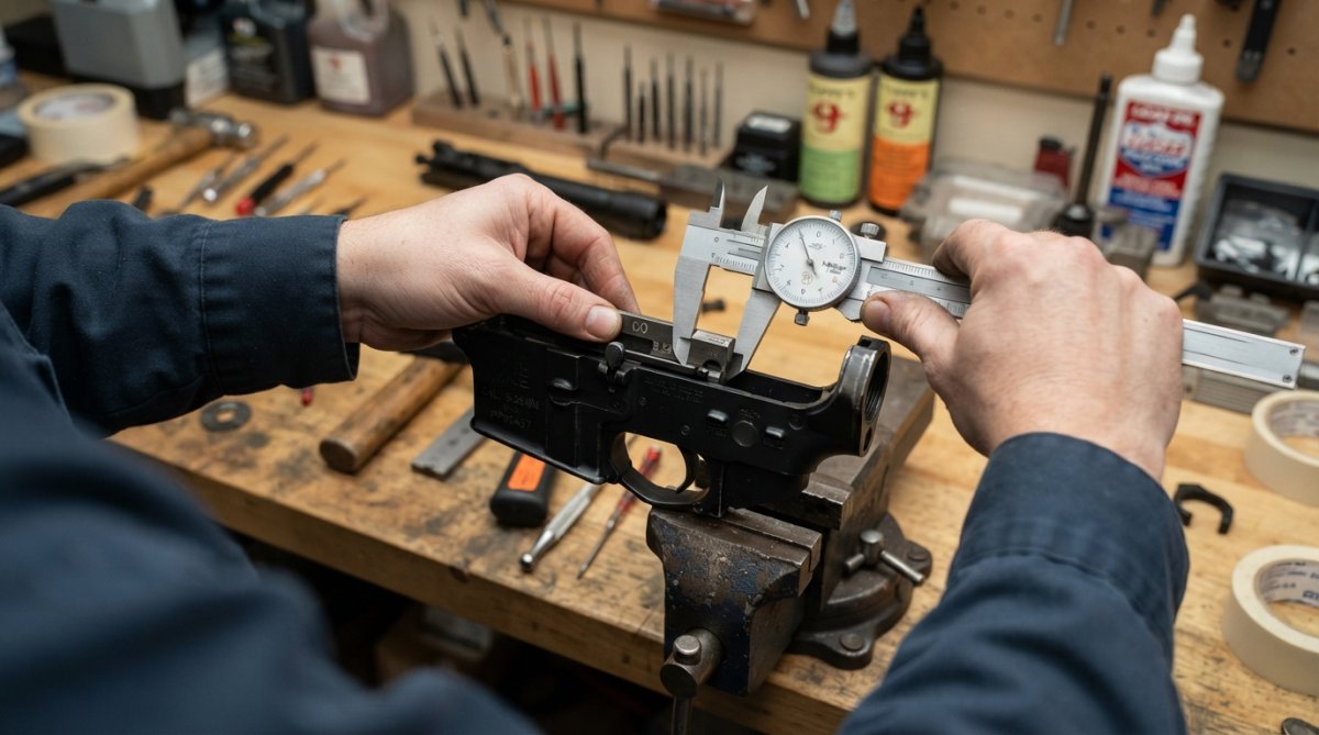 Hands demonstrating proper gauge placement and measurement technique on a receiver component at a clean workbench, using precision calipers and go-gauges with clear overhead lighting