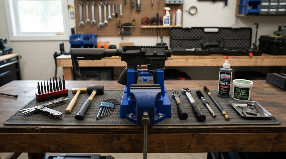 Professional workbench with essential firearm assembly tools neatly organized: armorer's wrench, vice block, roll pin punch set, calibrated torque wrench, cleaning rod, and lubrication supplies on a padded mat with proper lighting