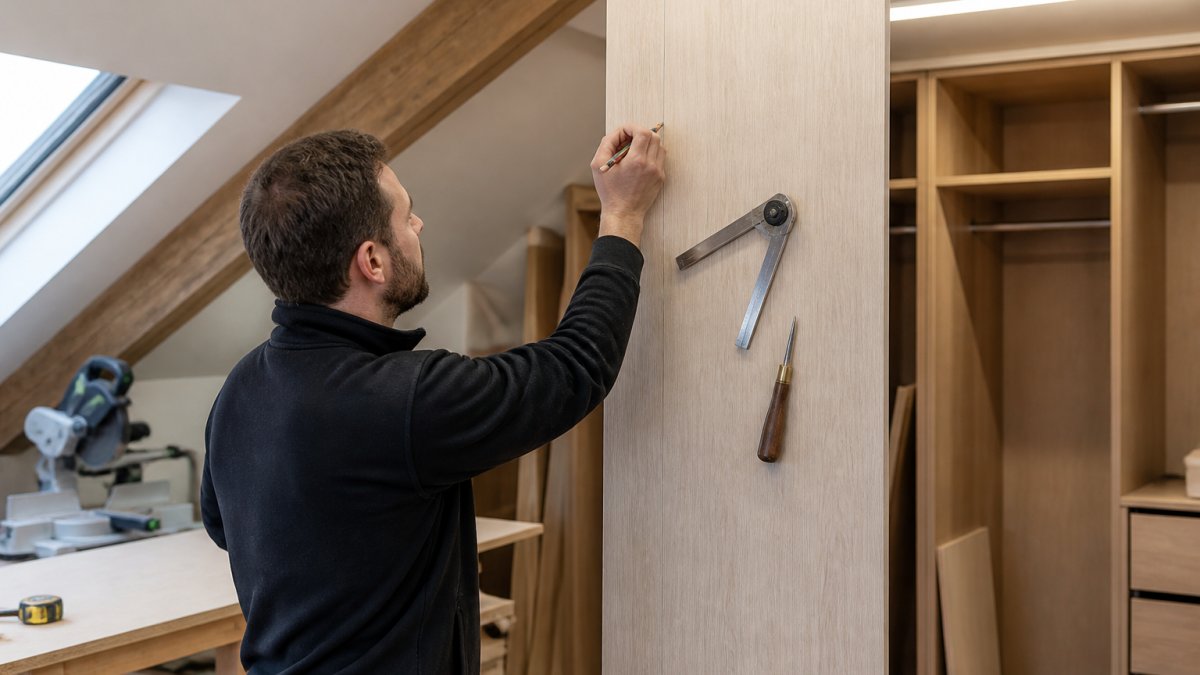A joiner in a bright workshop marking a pencil line along a tall wardrobe side panel, sliding bevel gauge and scribe tool resting on the panel, a sloped rafter line visible in the background