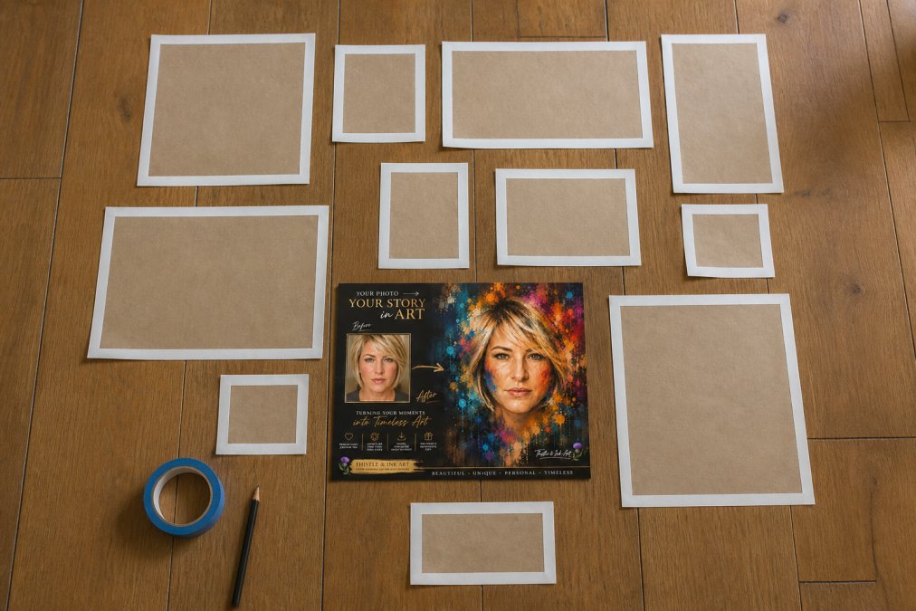 Overhead shot of a wooden floor with paper cutouts of various frame shapes arranged in a gallery wall composition, with a roll of painter's tape and a pencil nearby
