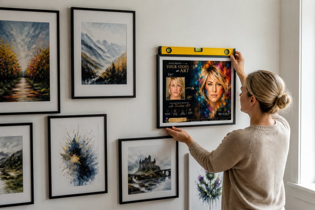 Person using a spirit level to hang a framed art print on a light-coloured wall, with several other framed prints already arranged around it in a curated gallery wall display