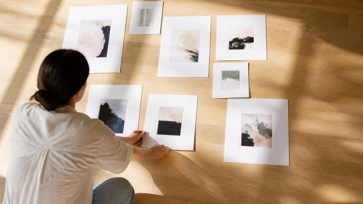 Arranging paper templates and artwork on a floor for DIY gallery wall layouts for small spaces.