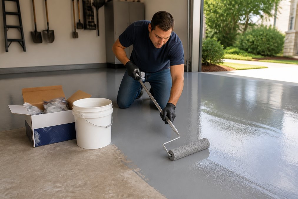 Homeowner applying gray garage floor epoxy with a roller onto a concrete floor inside a sunlit garage