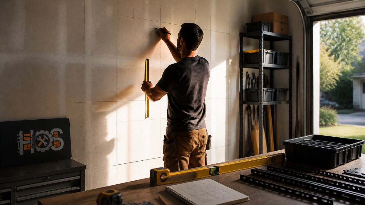 Homeowner using a tape measure and pencil to mark storage zones on a bare garage wall in natural sunlight
