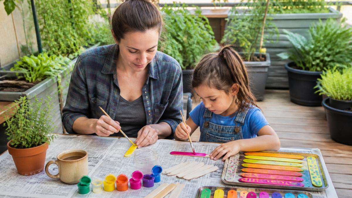Step-by-step process of a parent and child painting wooden sticks for garden plant labels