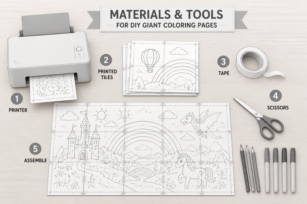 Flat lay on a wooden table showing a home printer, printed paper tiles with visible crop marks, adhesive tape, scissors, and a partially assembled large coloring sheet with pencils and markers nearby