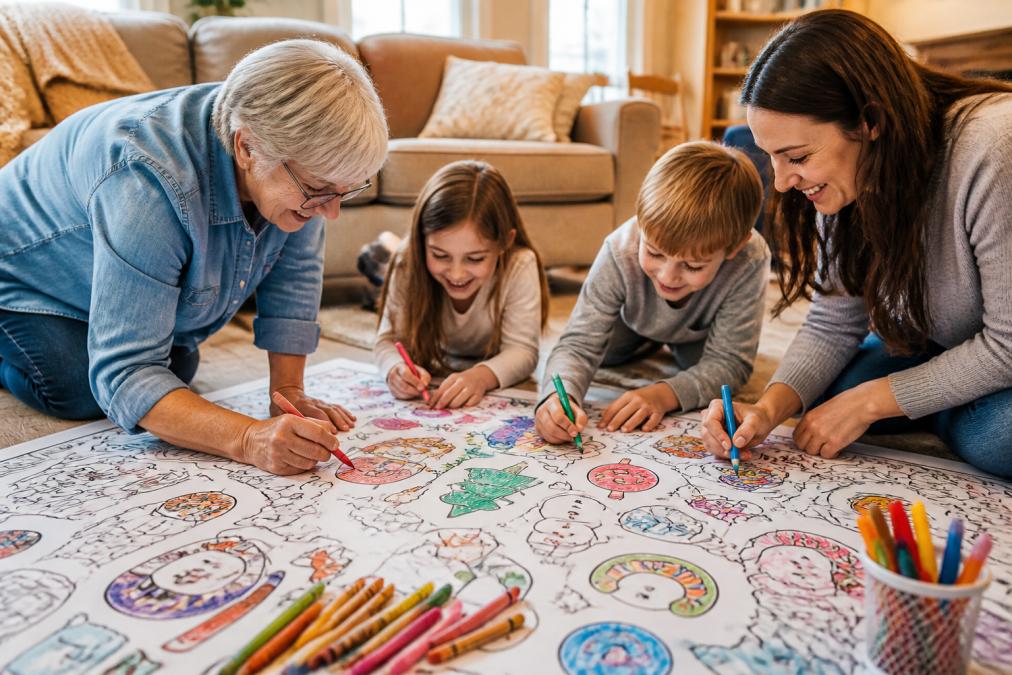A grandmother, parent, and two young children kneeling together around a large 30x50 inch coloring sheet spread on a warm-lit living room floor, each coloring a different section with crayons and markers, all smiling and engaged
