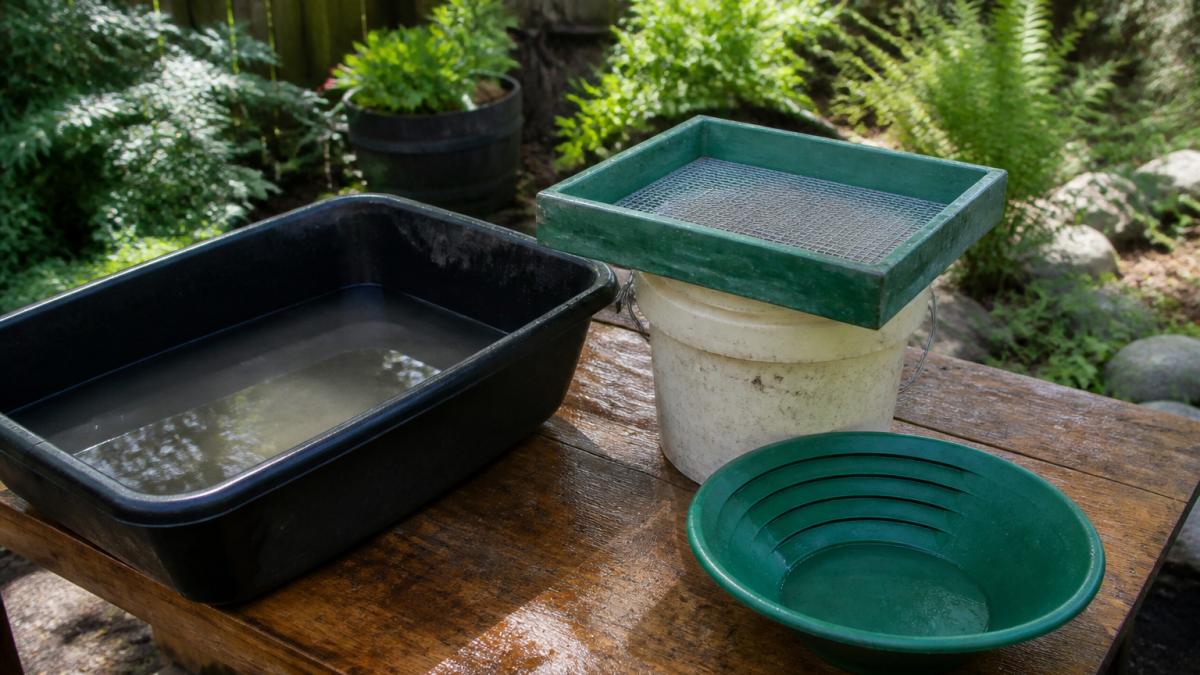 Diagram illustrating the setup of a backyard gold panning station with water, classifier, and pan
