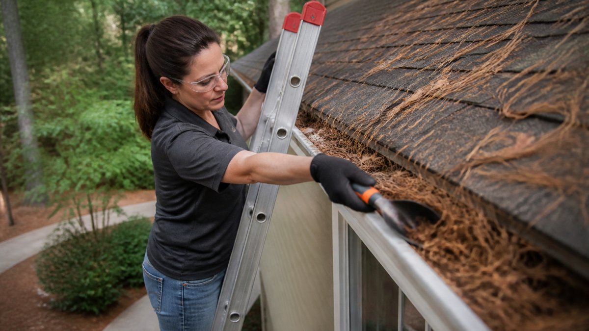 Homeowner on a secure ladder with a gutter scoop removing pine needles from a residential gutter, showing proper hand positioning and safety setup