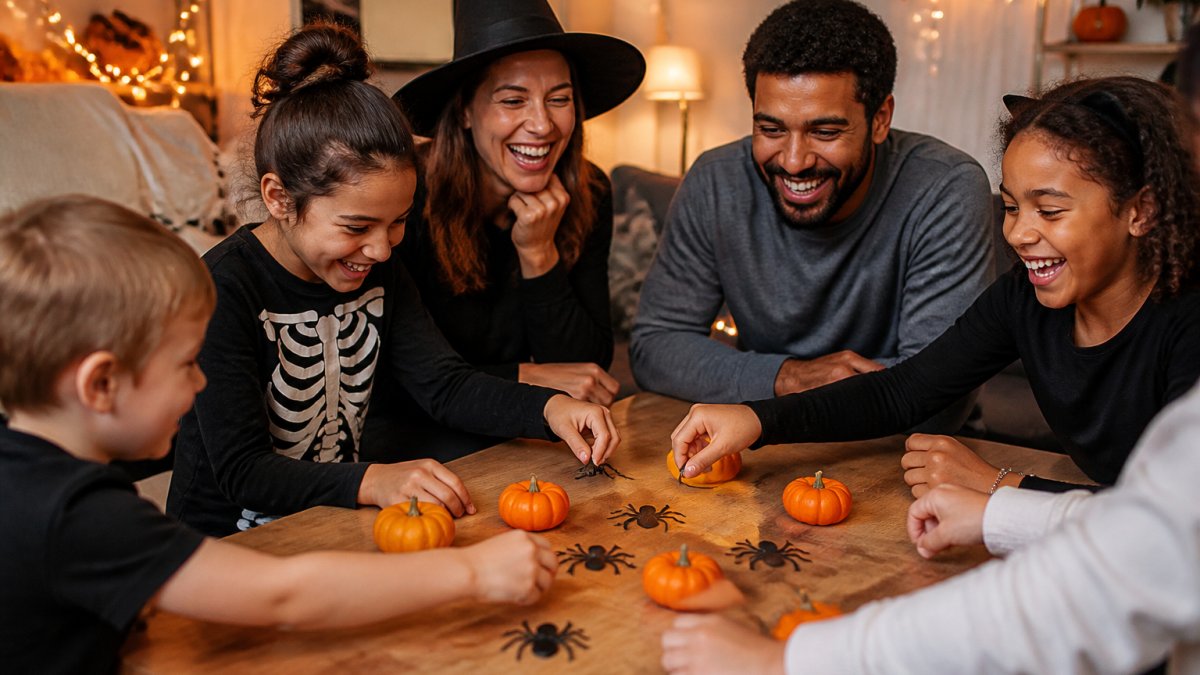 A group of kids and adults gathered around a table playing a DIY Halloween game with small pumpkins and paper spider decorations, laughing together in a cozy living room lit by warm string lights