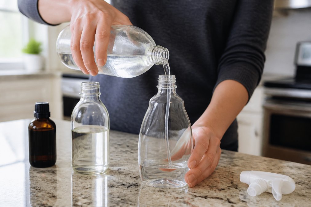 Close-up of hands pouring white vinegar from a clear bottle into a spray bottle on a clean kitchen counter, with a small dark bottle of vegetable oil and distilled water visible nearby in soft natural lighting