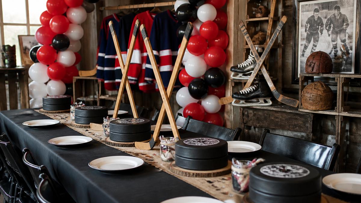 Infographic illustrating DIY hockey party decor steps with balloon arches, puck centerpieces, and stick displays.