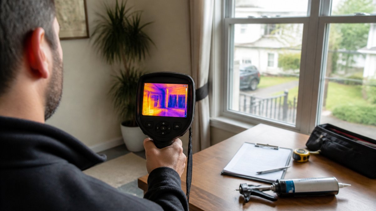 Homeowner using a thermal imaging camera to inspect window frames and door seals for air leaks, with visible temperature differences on the screen, in a residential interior with natural daylight