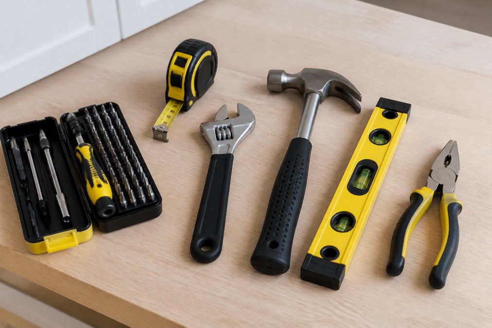 Flat lay of essential hand tools arranged neatly on a light background: screwdriver kit, tape measure, adjustable wrench, hammer, spirit level, and pliers displayed together