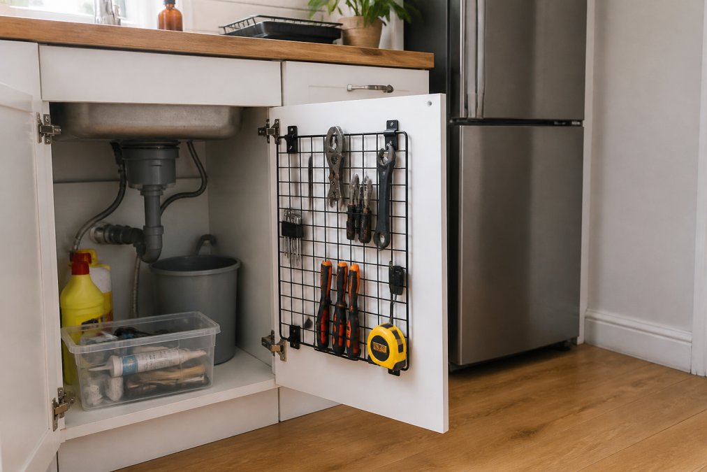 Compact apartment interior showing tools neatly organised in a wall-mounted tool rack or compact storage box under a kitchen sink