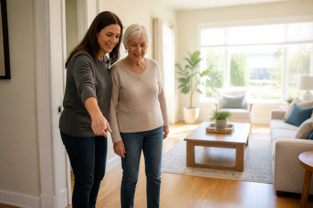 Daughter and elderly mother checking a clear living room path for home safety for elderly parents.