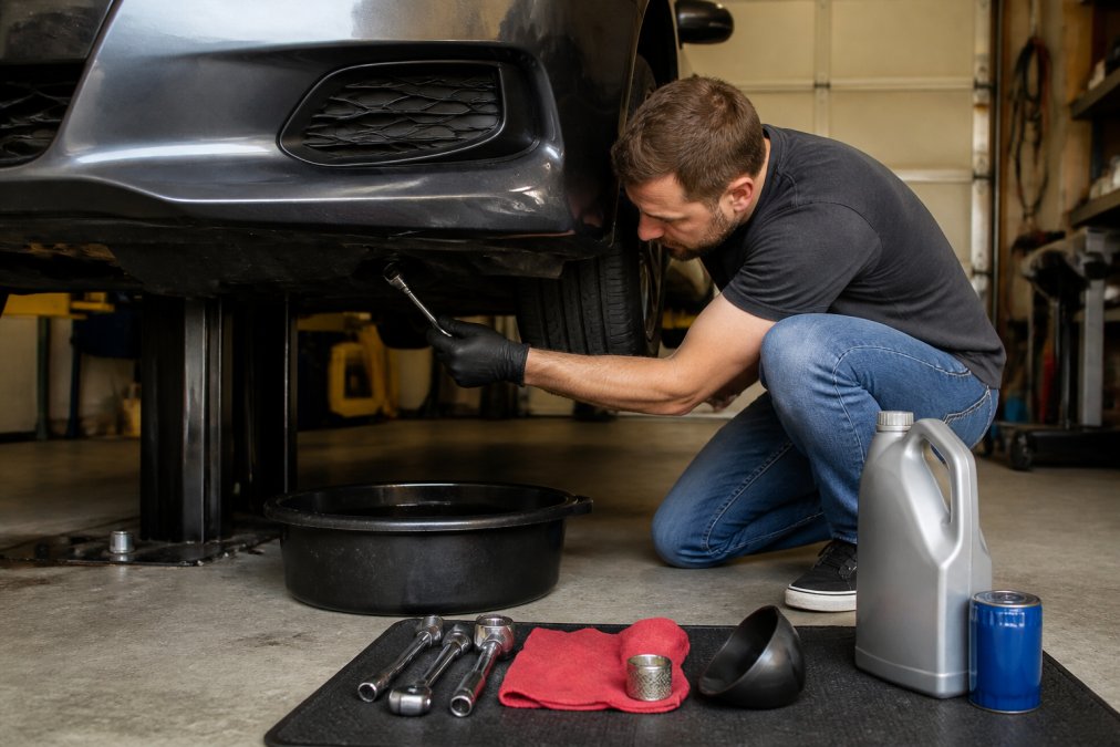 Person using a wrench to remove the oil drain plug during a DIY Honda oil change in a garage.