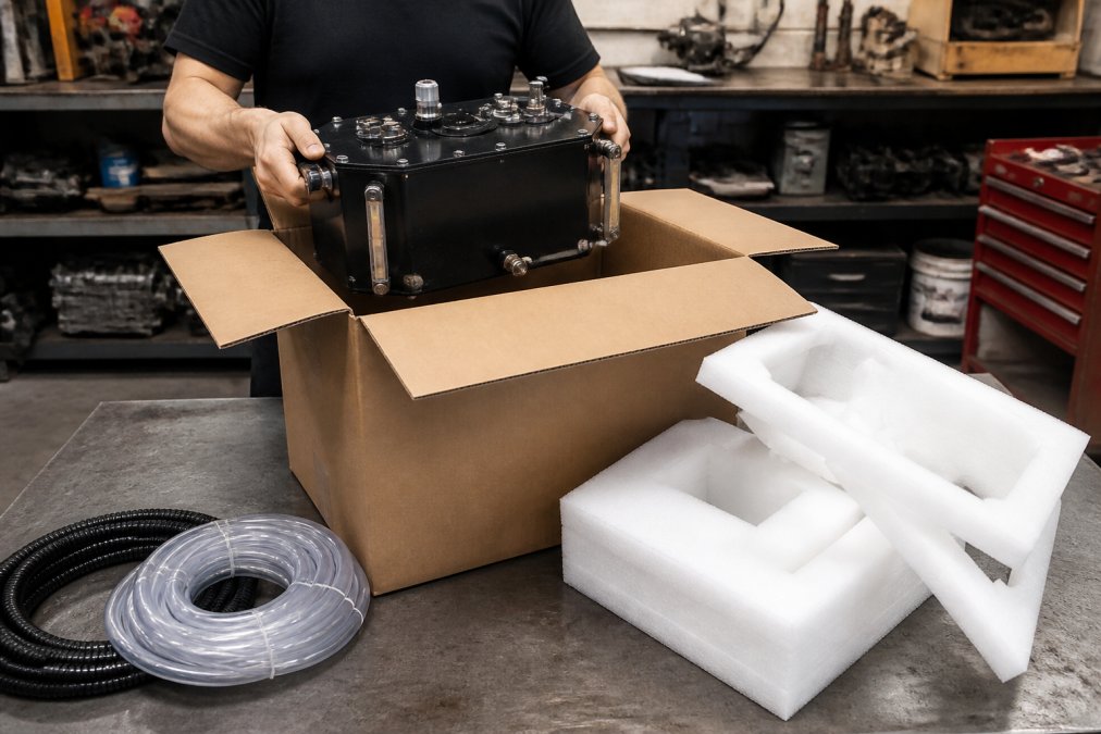 A mechanic's hands lifting a sealed black HHO generator container out of its shipping box on a workbench, packing foam and hose coils visible beside it