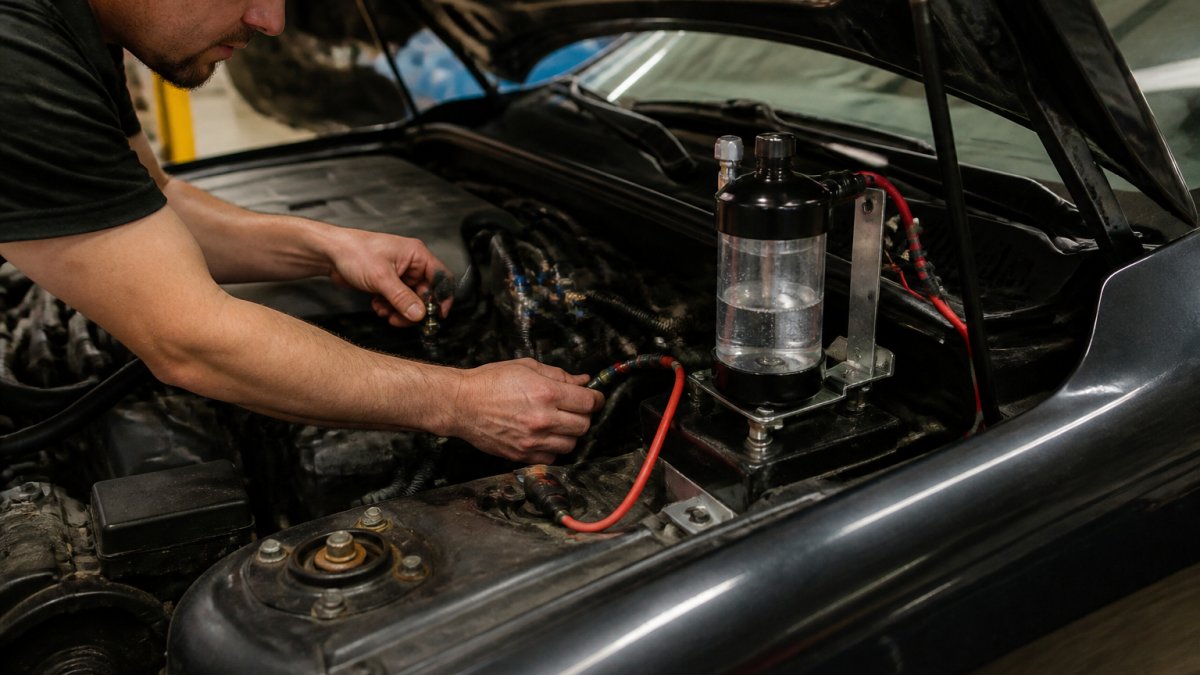 Technician installing an HHO generator system under a vehicle hood by connecting hoses to the engine intake manifold